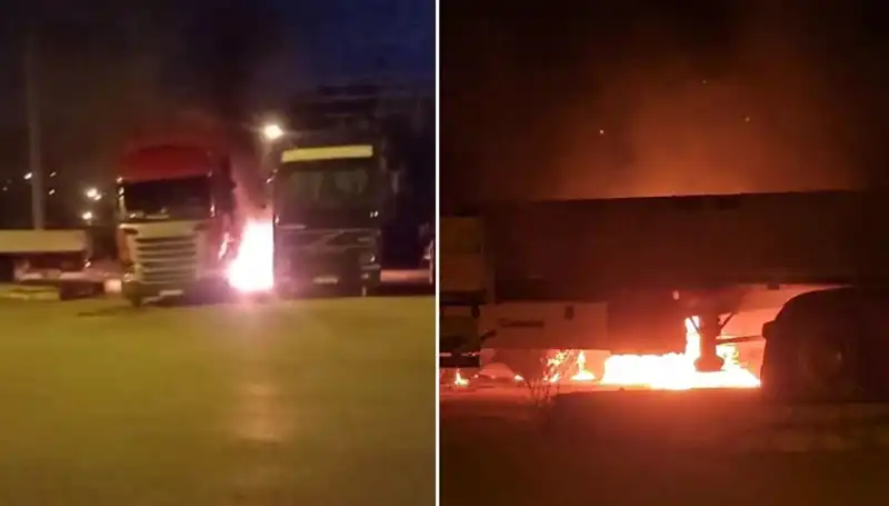 Park Halindeki Tırlara İki Kişi Tarafından Ateş Açıldı, Olay Anı Güvenlik Kamerasında